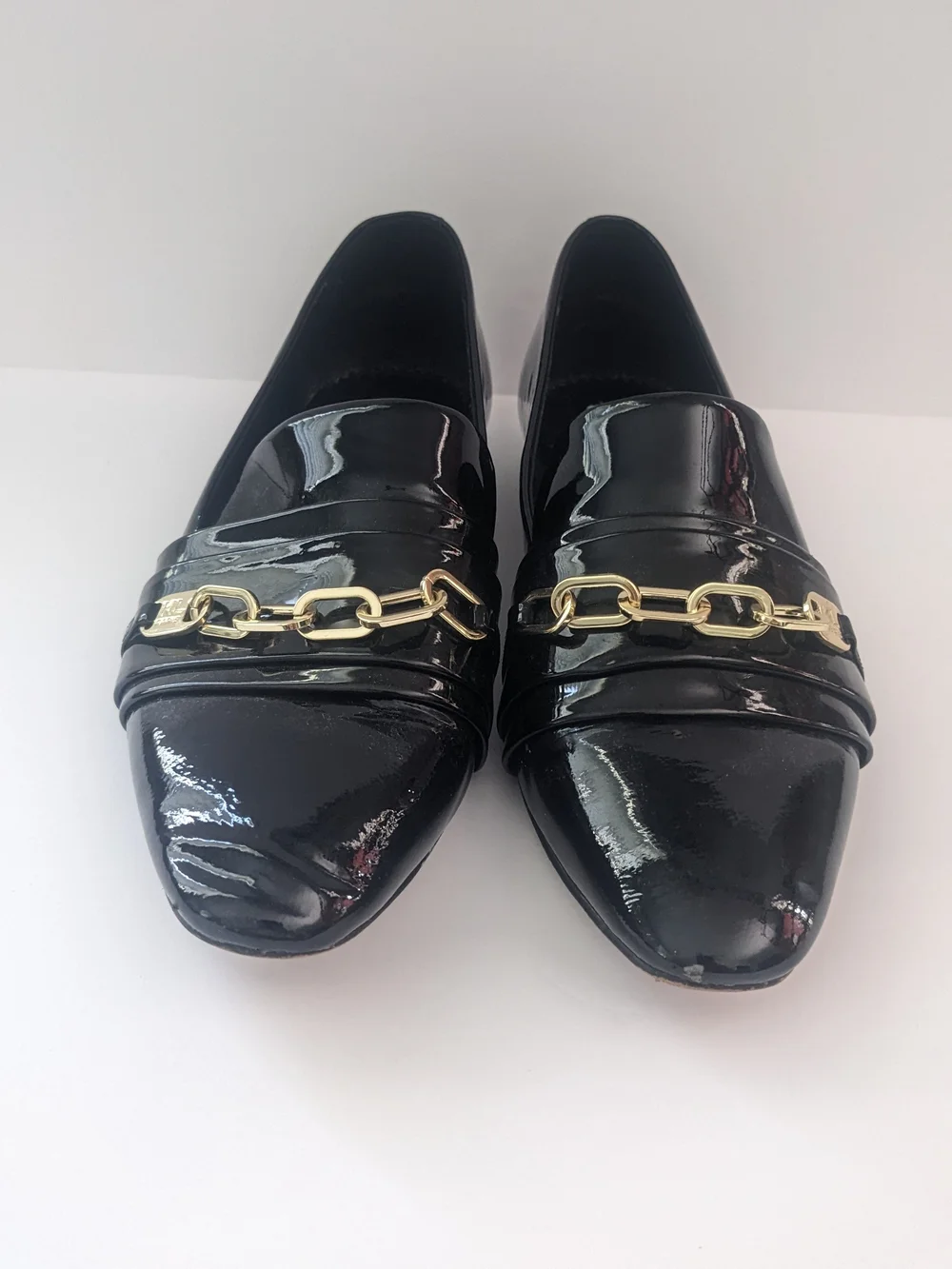 Karl Lagerfeld Black Patent Loafers with Gold Chain 7.5